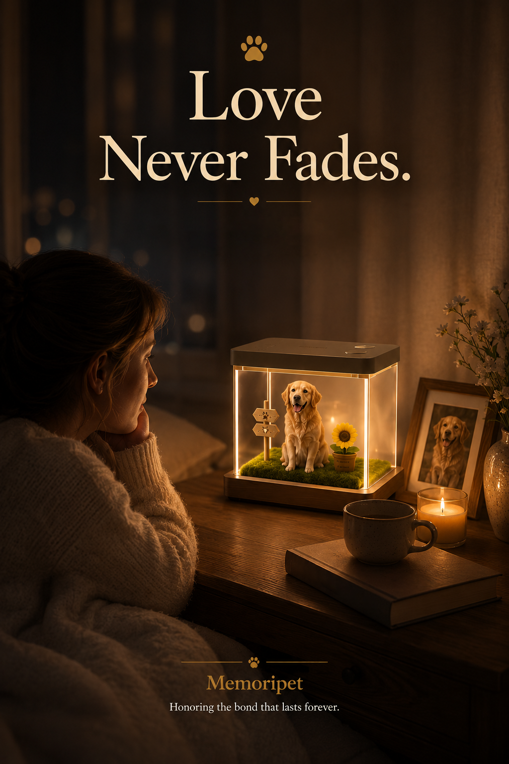 Memoripet personalized pet memorial display on a bedside table at night
