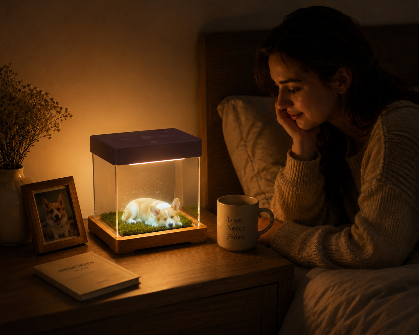 Personalized pet memorial display glowing warmly at night