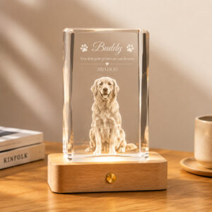 Personalized 3D crystal pet display with warm LED wooden base