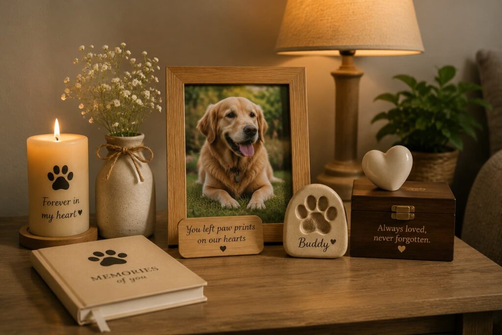 Personalized pet memorial display with a framed photo and keepsakes