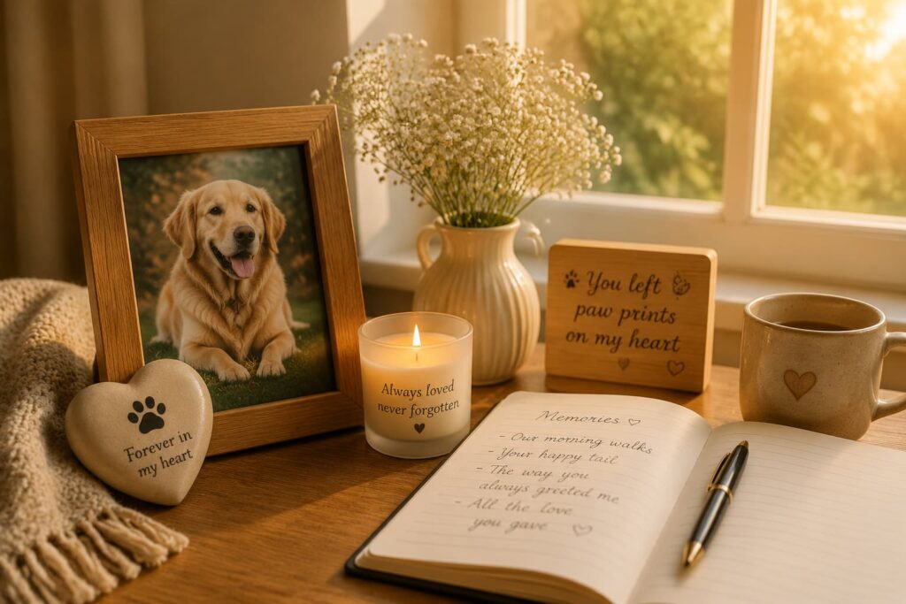 Dog memorial display with framed photo, remembrance journal, candle, flowers, and keepsakes to help cope with pet loss.
