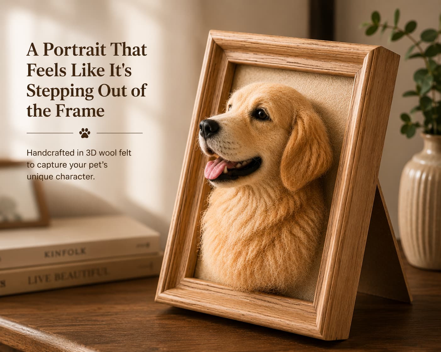 Personalized 3D Needle-Felt Pet Portrait Frame 3D needle felt dog portrait appearing to step out of a wooden frame