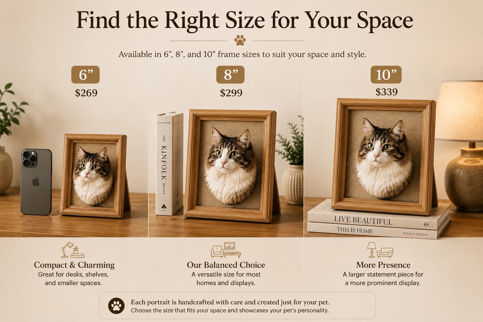 Personalized 3D Needle-Felt Pet Portrait Frame 6 inch, 8 inch and 10 inch custom pet portrait frames shown side by side for size comparison