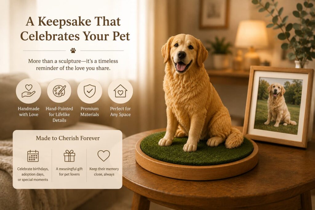 Hand-painted custom pet sculpture displayed at home as a personalized keepsake