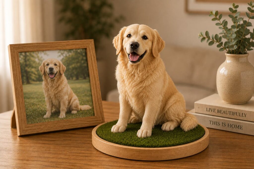 Hand-painted golden retriever pet sculpture displayed on a wooden base with artificial grass