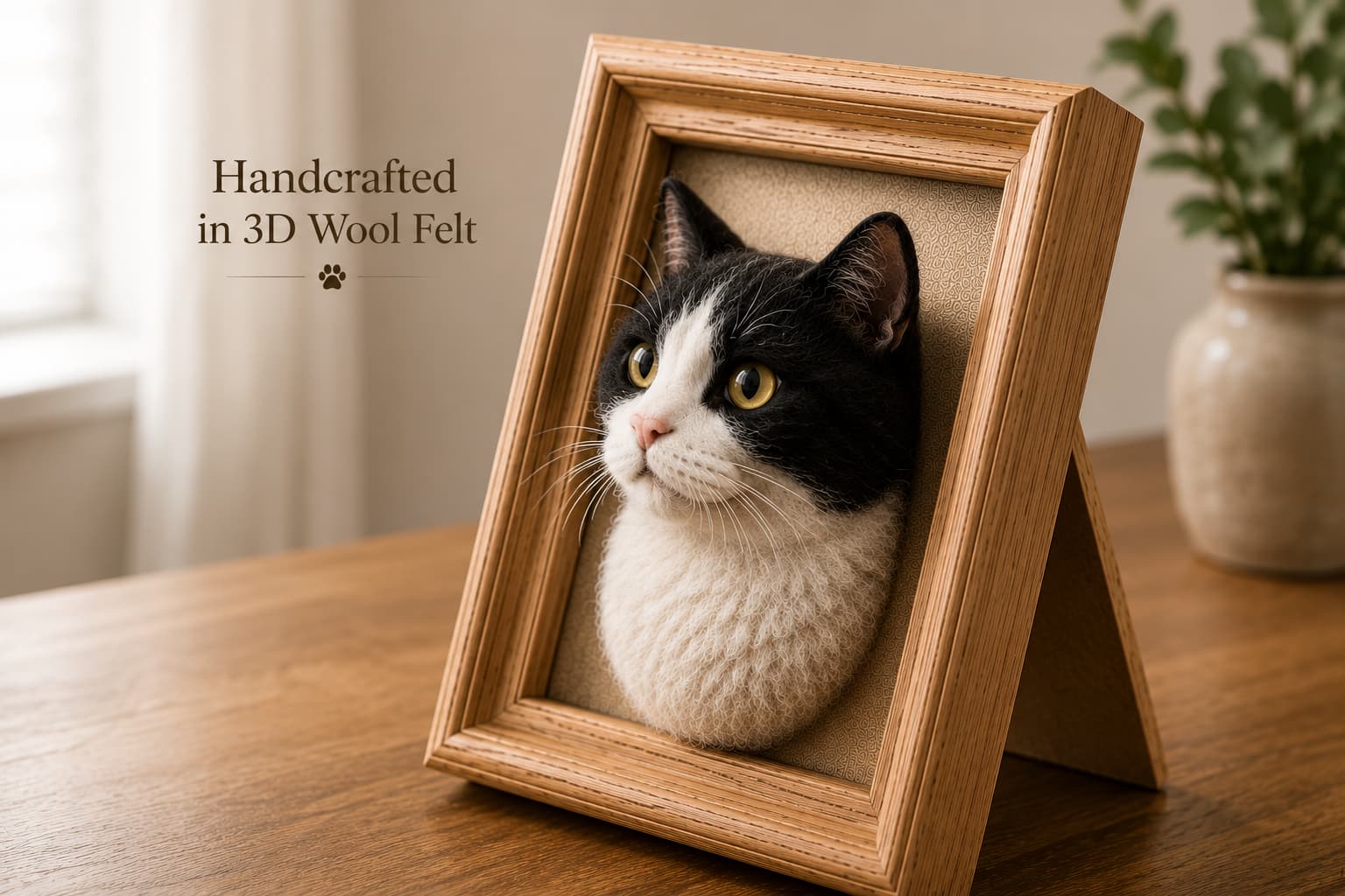 Personalized 3D Needle-Felt Pet Portrait Frame Handcrafted 3D wool felt pet portrait in a wooden frame