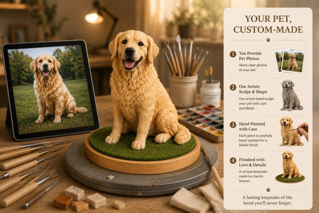 Handcrafted pet sculpture process showing a pet photo, hand sculpting, and the finished custom keepsake