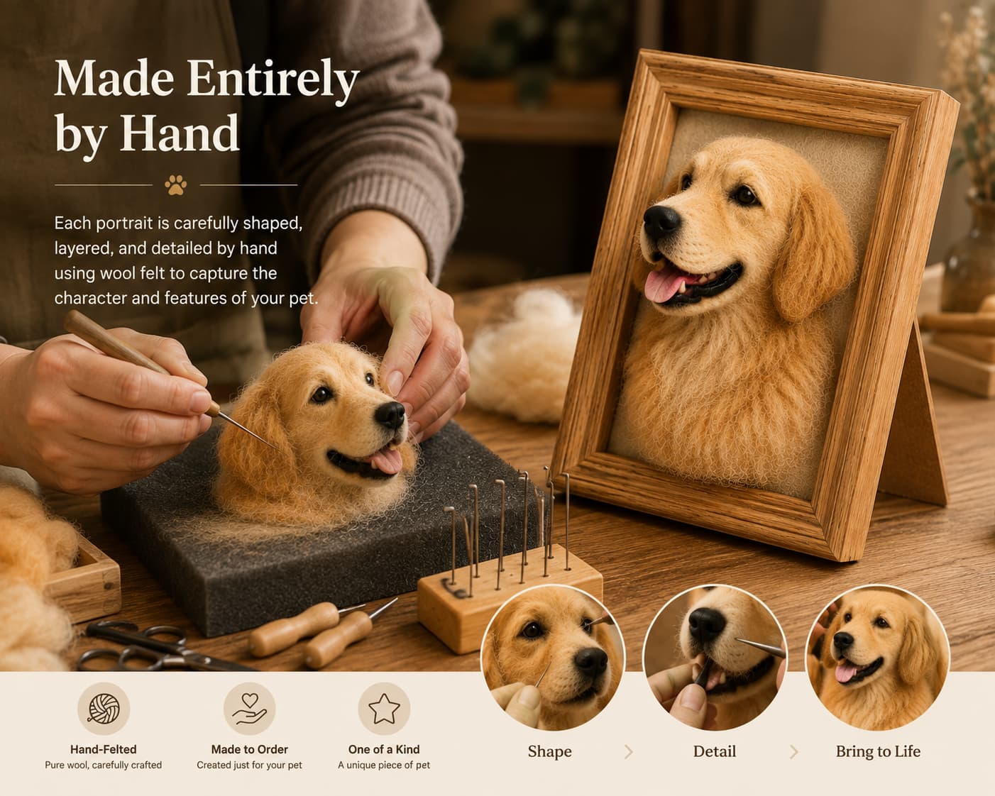 Personalized 3D Needle-Felt Pet Portrait Frame Handmade needle felt pet portrait being crafted by hand