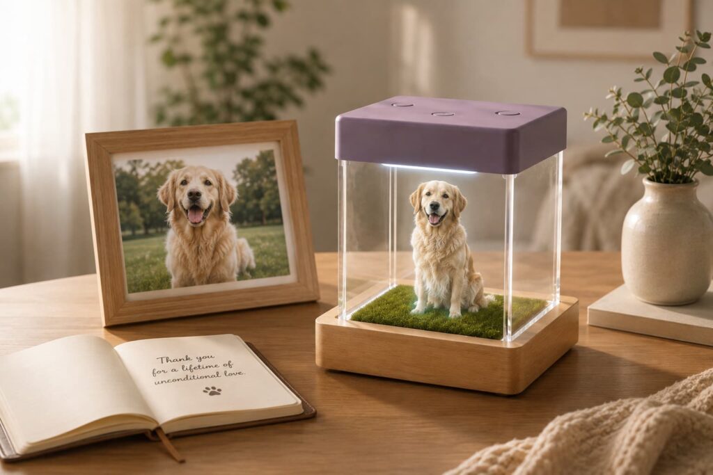 Personalized pet memorial display with a golden retriever in a cozy home setting