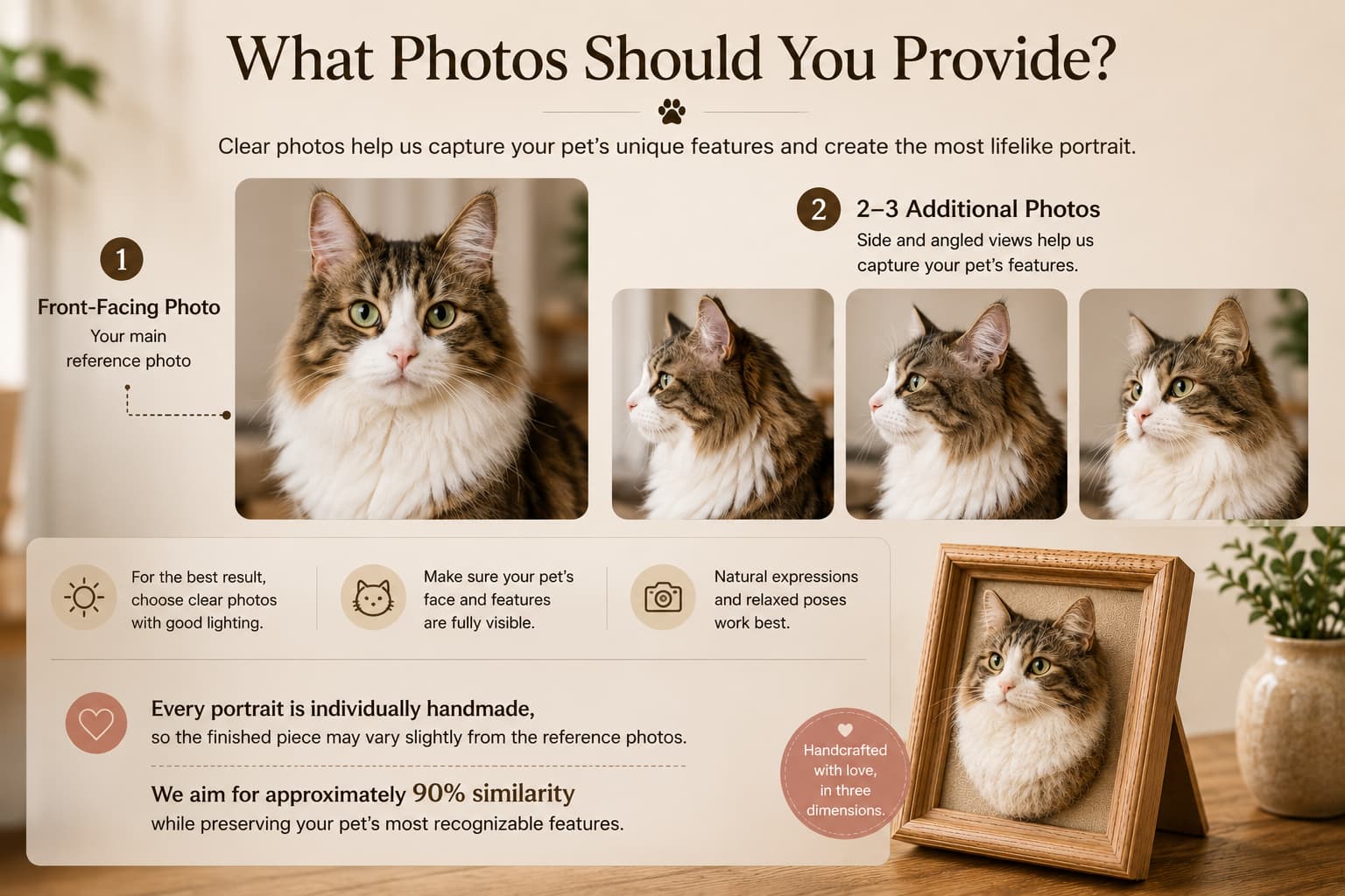 Personalized 3D Needle-Felt Pet Portrait Frame Photo requirements for a custom needle felt pet portrait showing front and side pet photos