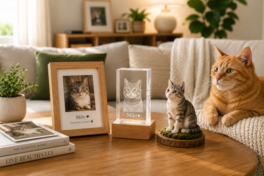 Cat memorial gifts displayed in a warm home setting
