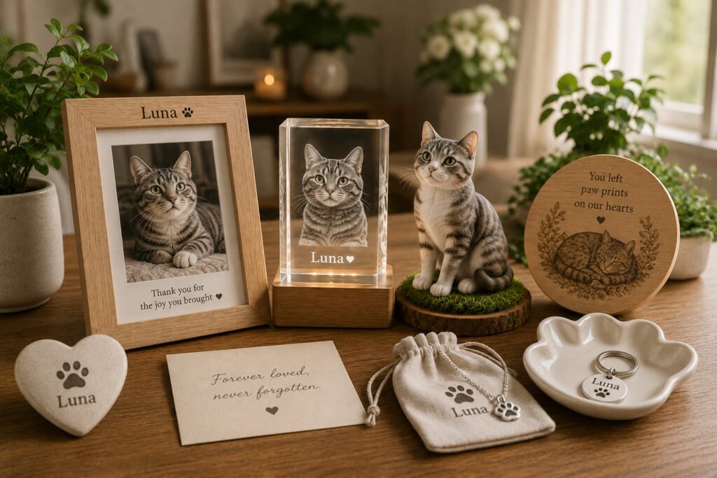 Cat memory keepsakes arranged in a warm home display