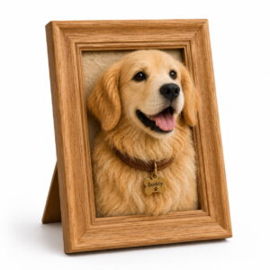 Custom needle-felt pet portrait frame with 3D pet headA handmade 3D needle-felt pet portrait designed to appear as if your pet is stepping out of the frame.