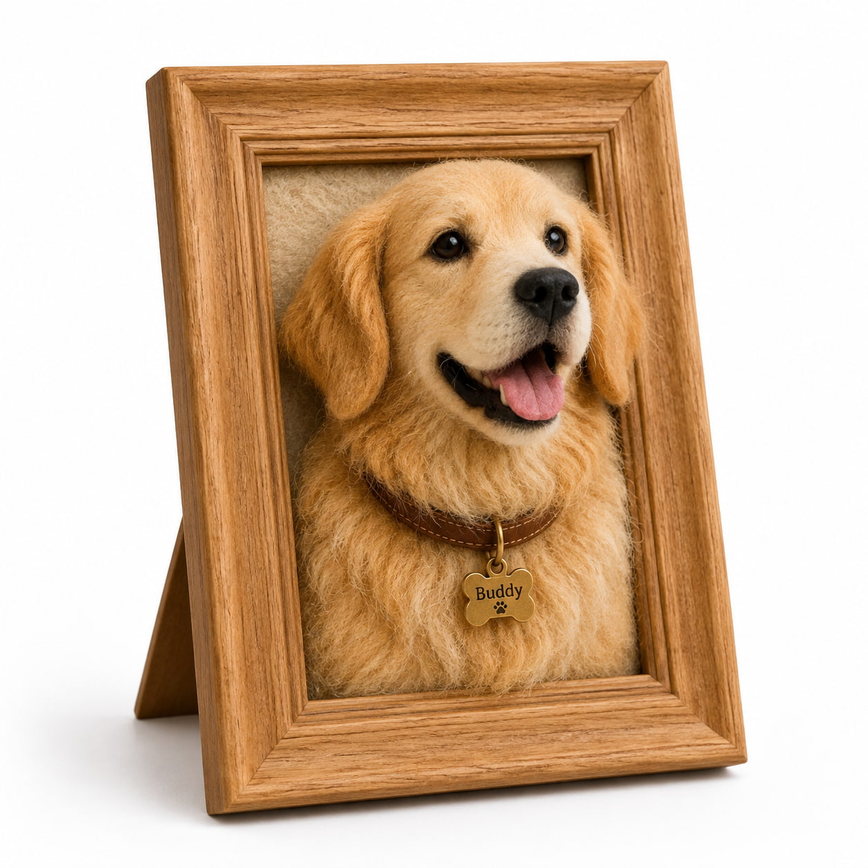 Custom Needle-Felt Pet Portrait Frame Custom needle-felt pet portrait frame with 3D pet headA handmade 3D needle-felt pet portrait designed to appear as if your pet is stepping out of the frame.