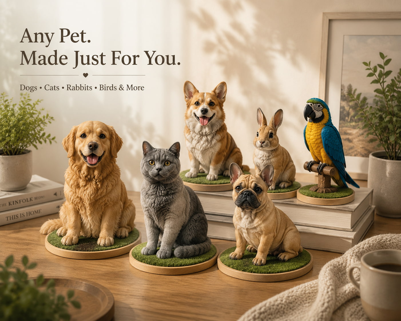 Custom Polymer Clay Pet Sculpture | Handmade Personalized Pet Figurine Finished handmade custom pet sculptures displayed on wooden bases