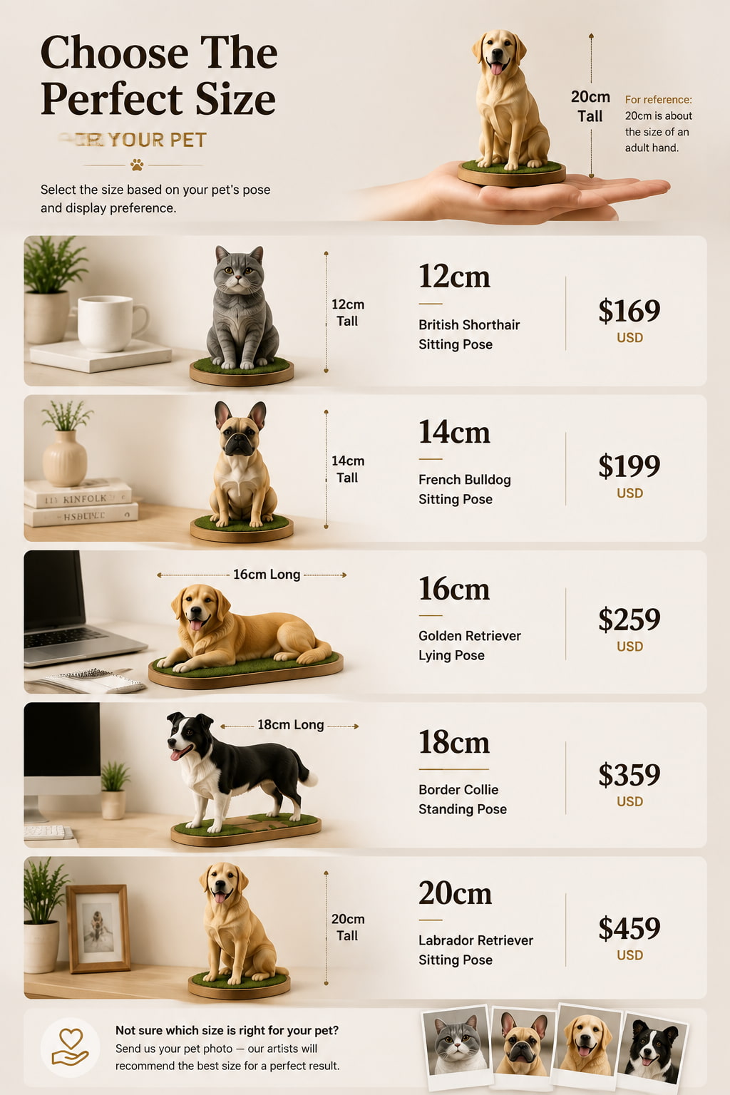 Custom Polymer Clay Pet Sculpture | Handmade Personalized Pet Figurine Custom polymer clay pet sculpture size guide showing different sizes from 12cm to 20cm for personalized pet figurines