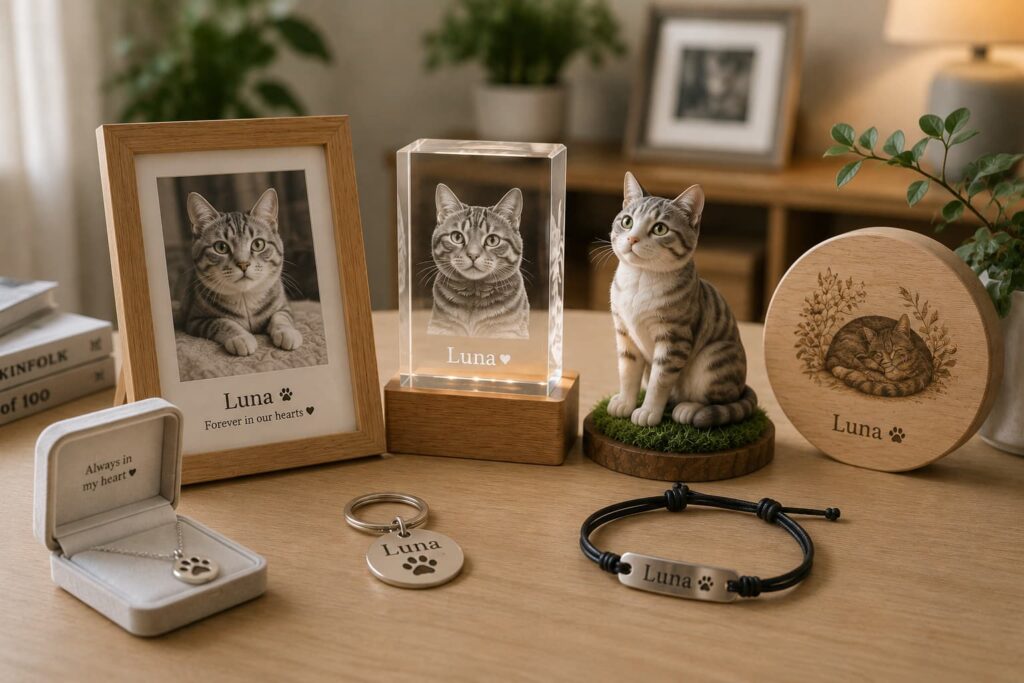 Different types of cat memorial gifts displayed together