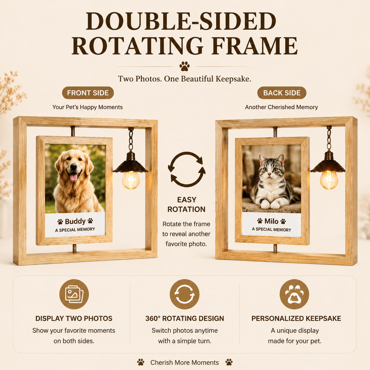 Double-sided rotating wooden pet photo frame displaying two personalized pet photos