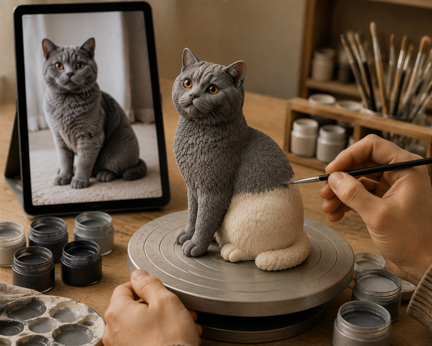 Custom Polymer Clay Pet Sculpture | Handmade Personalized Pet Figurine Artist hand painting a custom polymer clay pet sculpture