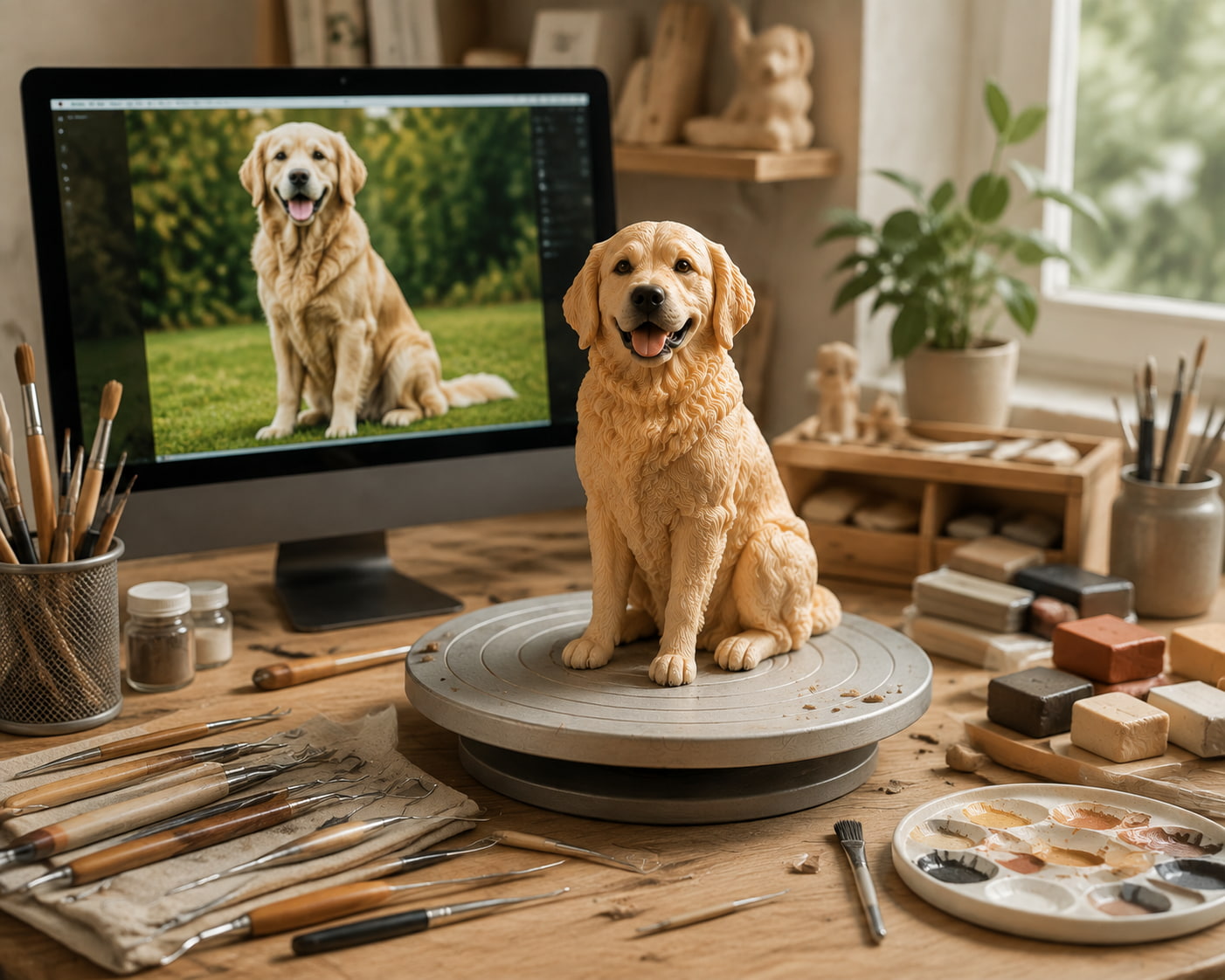 Custom Polymer Clay Pet Sculpture | Handmade Personalized Pet Figurine Artist creating a handmade polymer clay pet sculpture in workshop