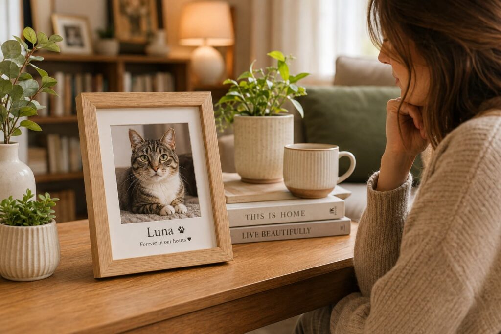 Personalized cat photo keepsakes displayed at home
