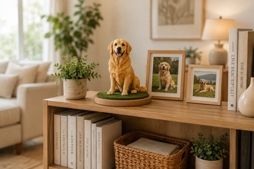 personalized dog keepsake displayed naturally on a wooden shelf beside framed photographs and simple décor