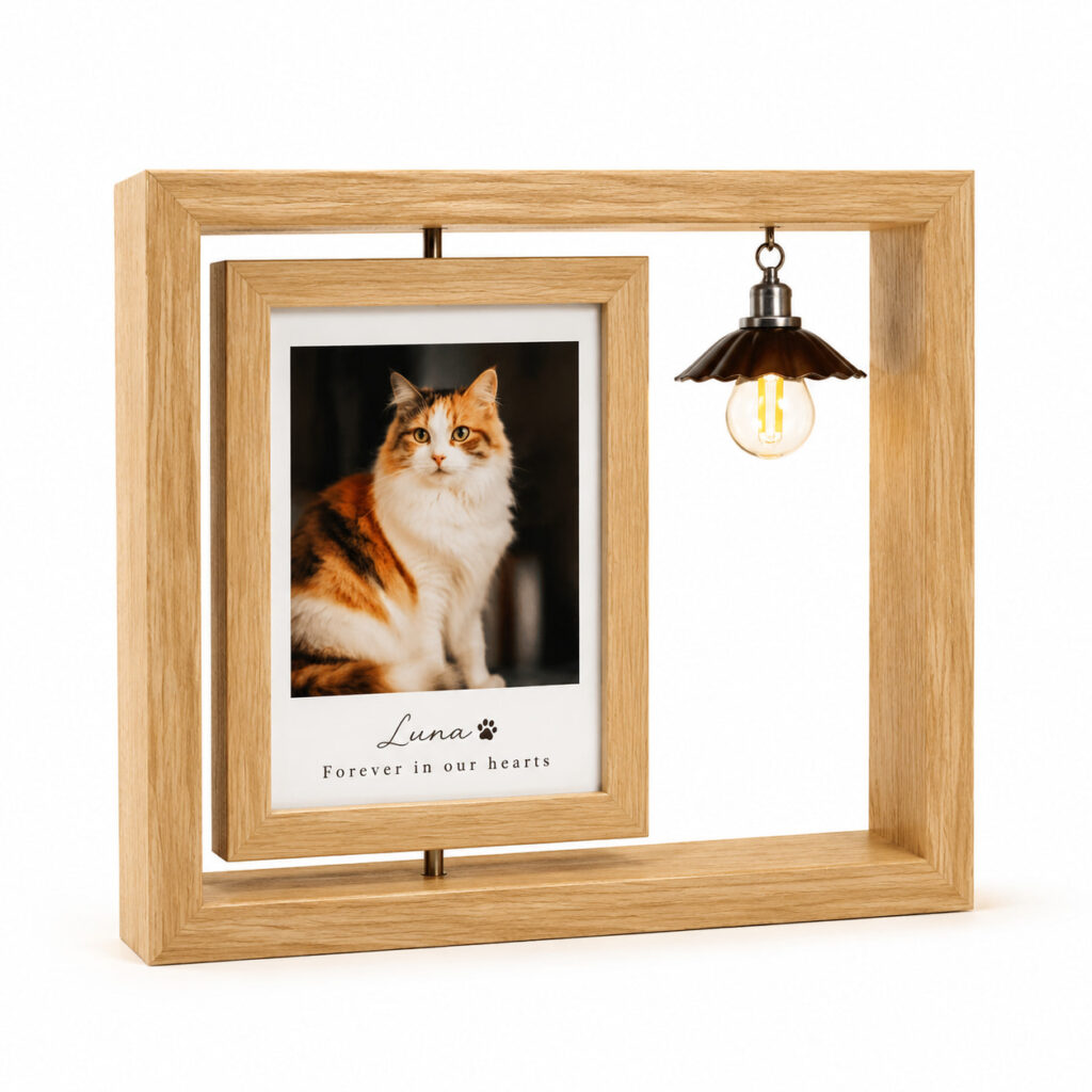 Personalized wooden pet memorial frame with custom pet photo and warm hanging light
