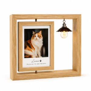 Personalized wooden pet memorial frame with custom pet photo and warm hanging light