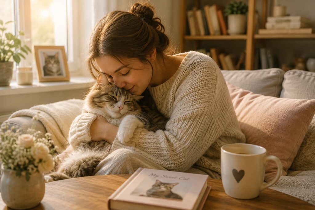 Cat and owner sharing a warm moment at home