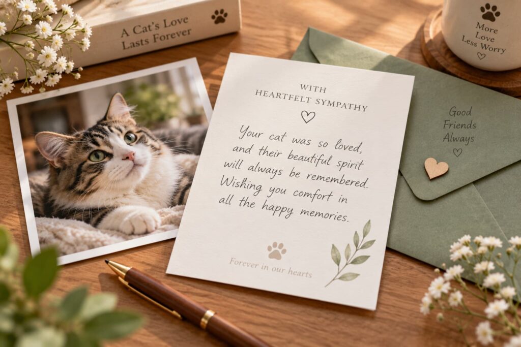 A cat memorial card featuring a cherished photo and a handwritten remembrance message