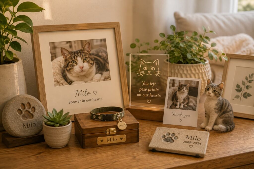 Cat photos, frames, and memorial keepsakes displayed in a cozy home