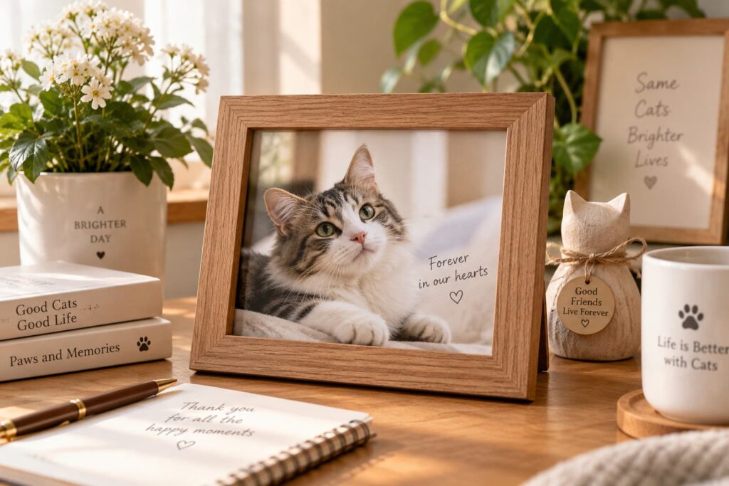 A cherished cat photo displayed as a warm and peaceful memorial keepsake