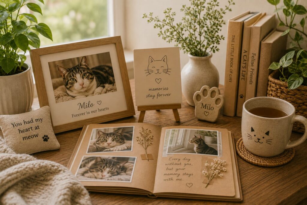 Cat photos and keepsakes naturally arranged with books and plants at home