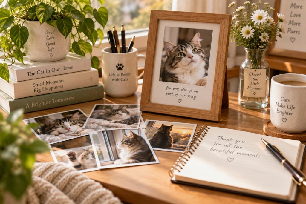 Cat photos, handwritten notes and keepsakes arranged among everyday home items