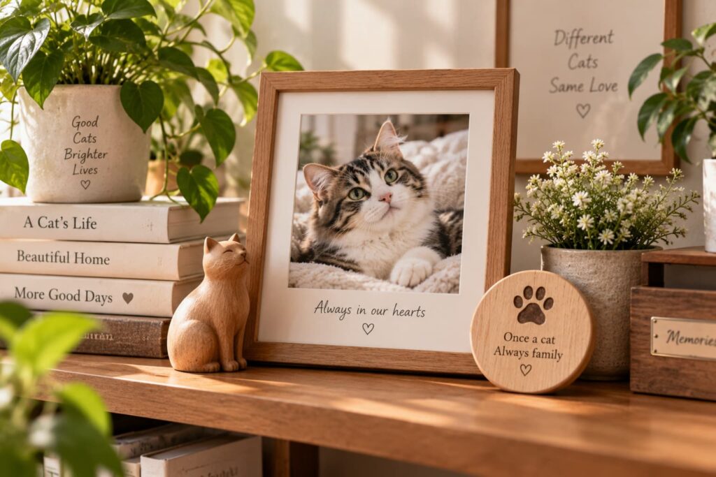 A cat photo, framed keepsake, books and plants arranged naturally in a cozy home