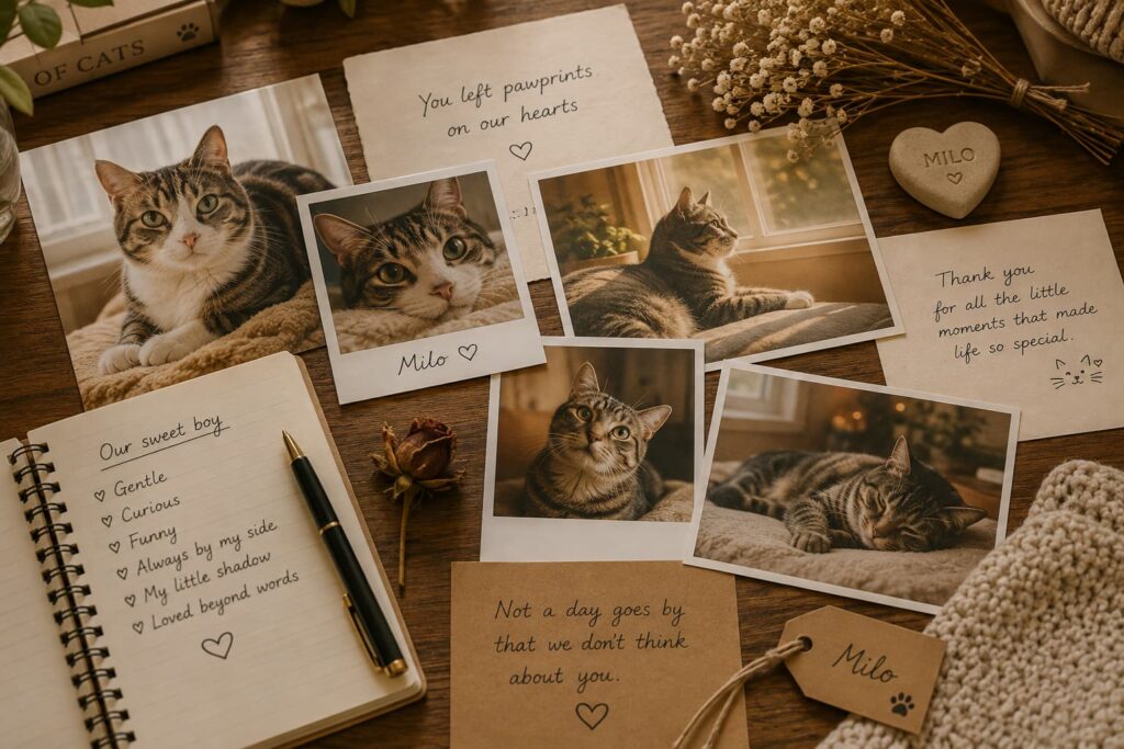 Cat photos and handwritten memory notes preserving special moments