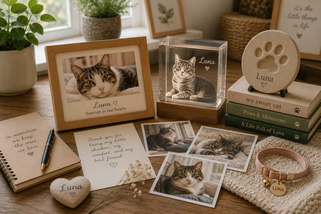 Cat photos and personalized keepsakes arranged with everyday home items