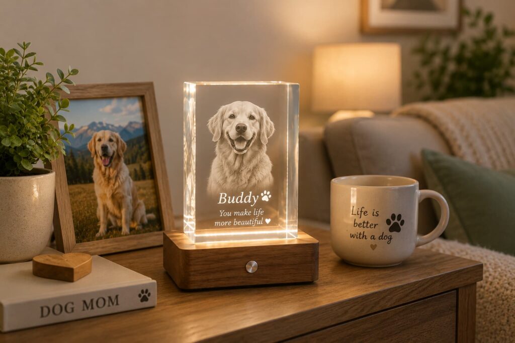 Personalized 3D crystal pet display featuring a dog photo in a home setting