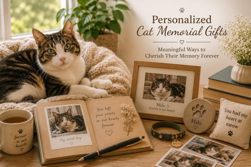 Personalized cat memorial gifts and keepsakes in a warm home setting