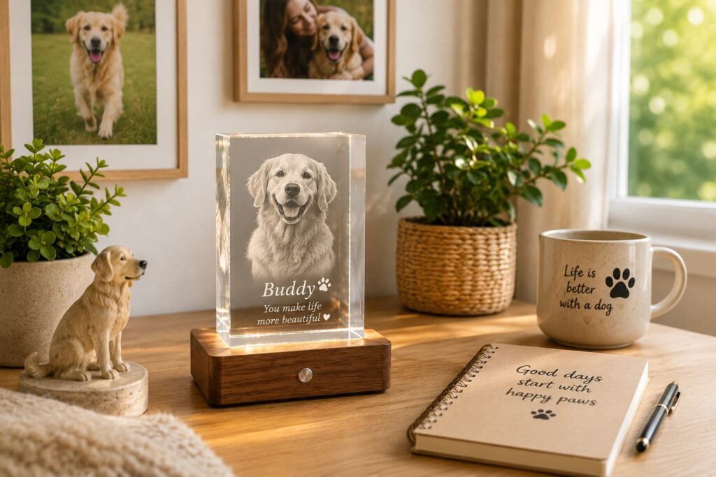 Golden retriever beside a personalized pet display in a cozy home