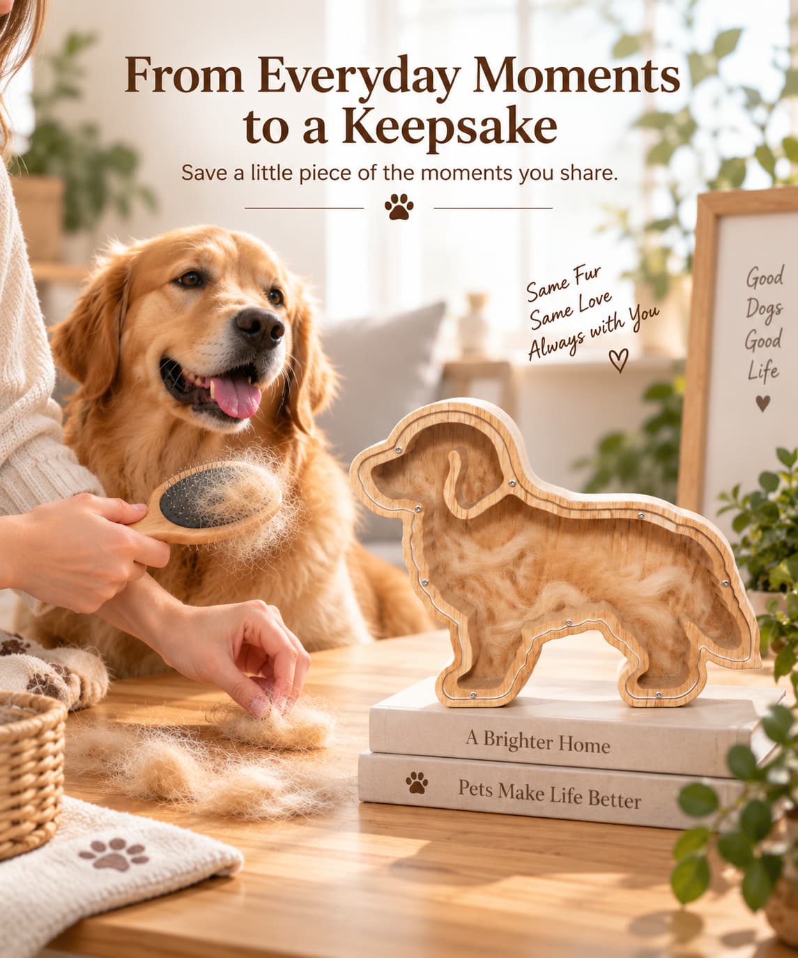 Dog and pet hair keepsake frame representing everyday moments and a meaningful way to preserve a pet's fur