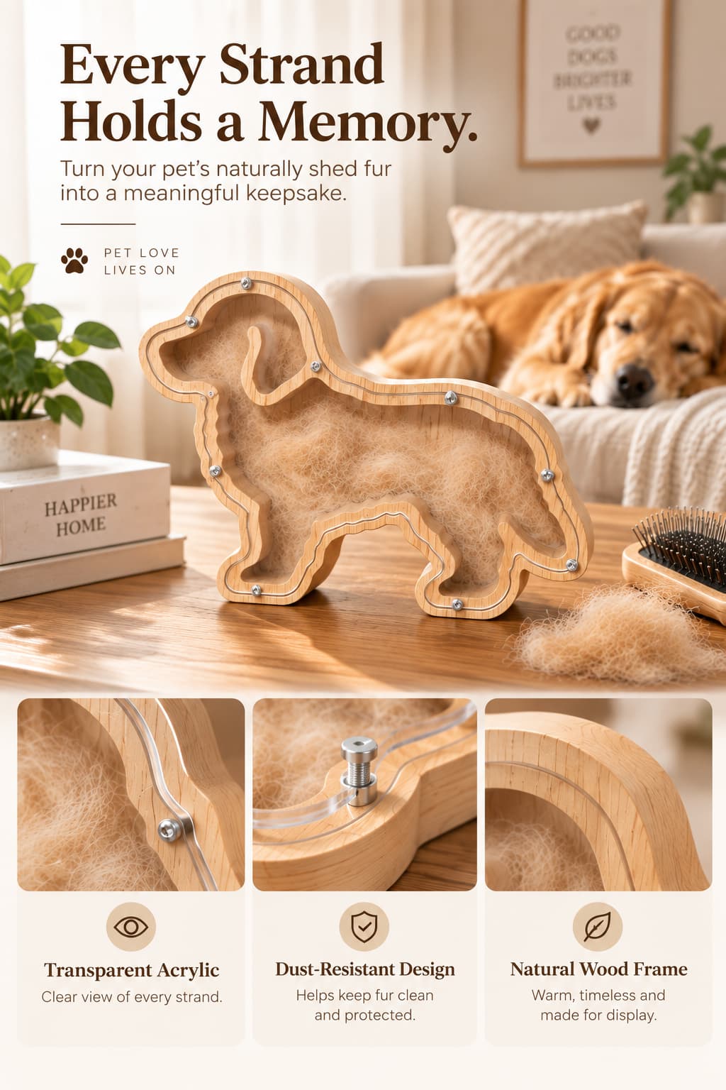 Close-up details of a wooden pet hair keepsake frame showing the transparent cover, secure screws, and natural wood finish