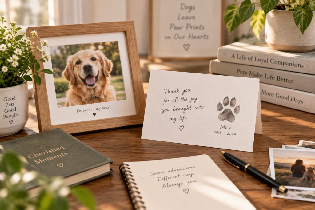 What to Say When Someone Loses a Pet A simple pet loss memory card with a pet photo and handwritten message