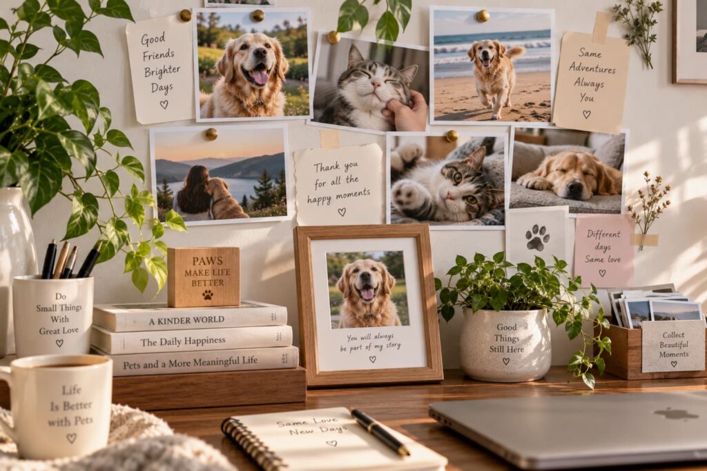 What to Say When Someone Loses a Pet Pet photos, handwritten notes, books, and keepsakes arranged as part of everyday life