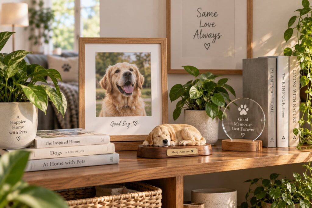 What to Say When Someone Loses a Pet Pet photo, keepsake, books, and plants arranged naturally in a warm home