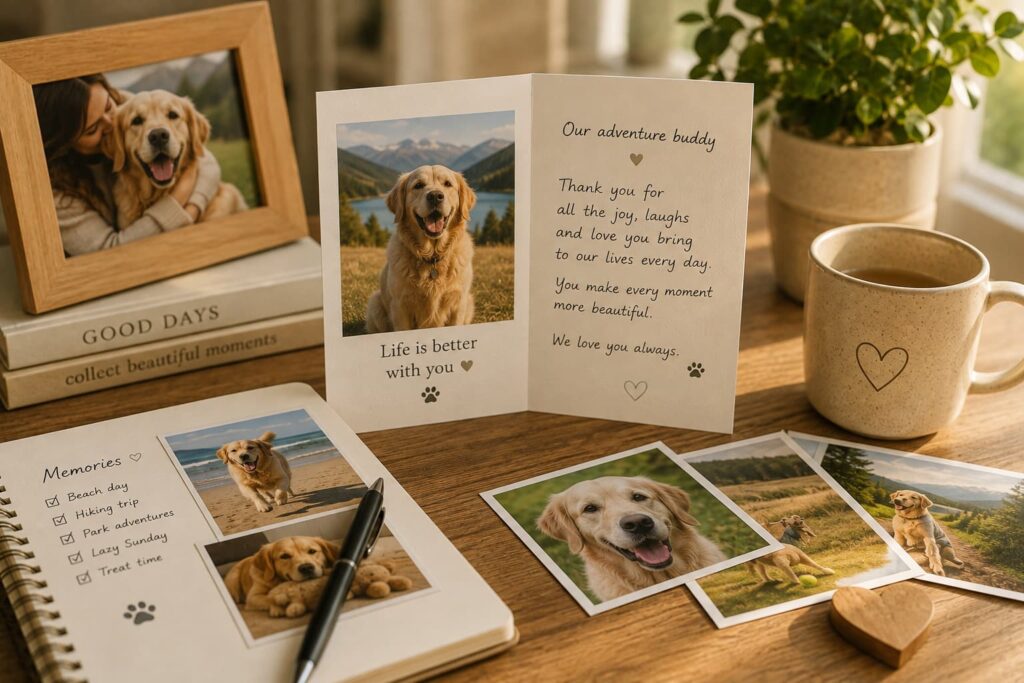 Pet photos and handwritten notes arranged in a keepsake album