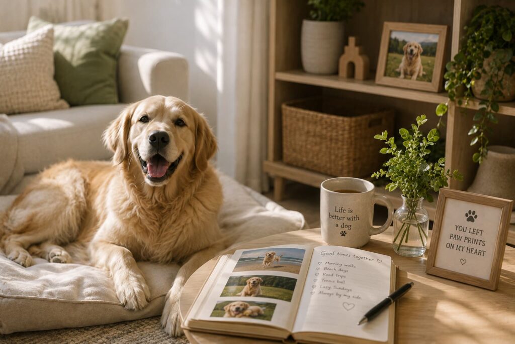 Golden retriever relaxing beside a photo album and pet memories at home