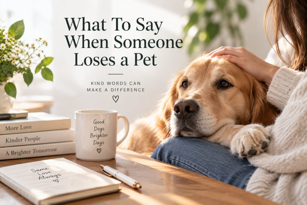 What to say when someone loses a pet, with a comforting home scene and pet